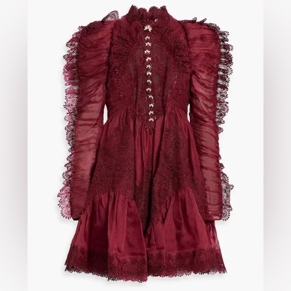 NWT Zimmermann Kaleidoscope Doily Ruffle Mini Dress in Burgundy Red